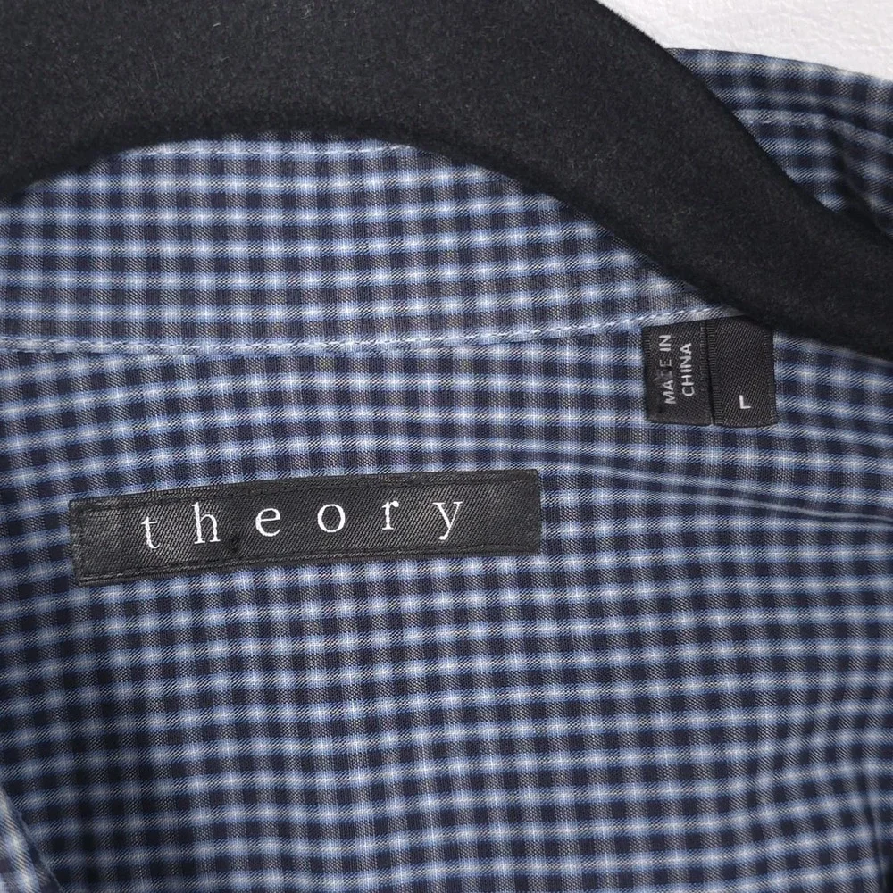 THEORY Men's Blue Micro Check‎ Dress Shirt Cotton Zack PS-Hilton Head LARGE